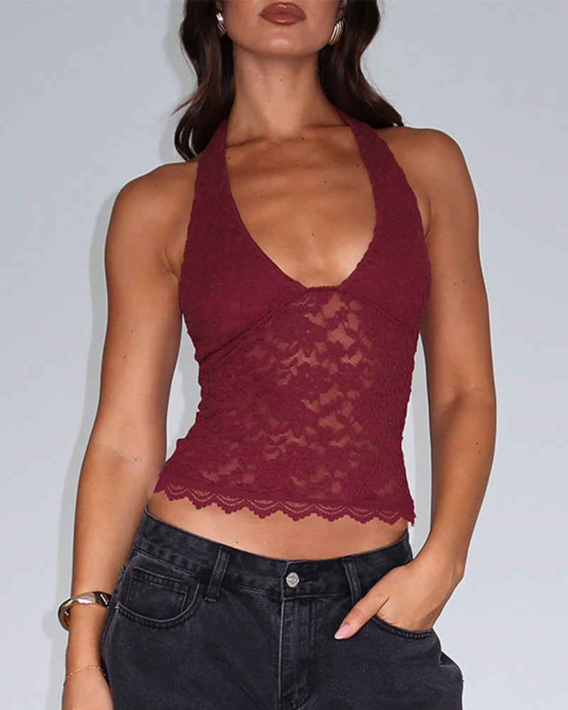 Women's Solid Sheer Backless Halter Neck Top