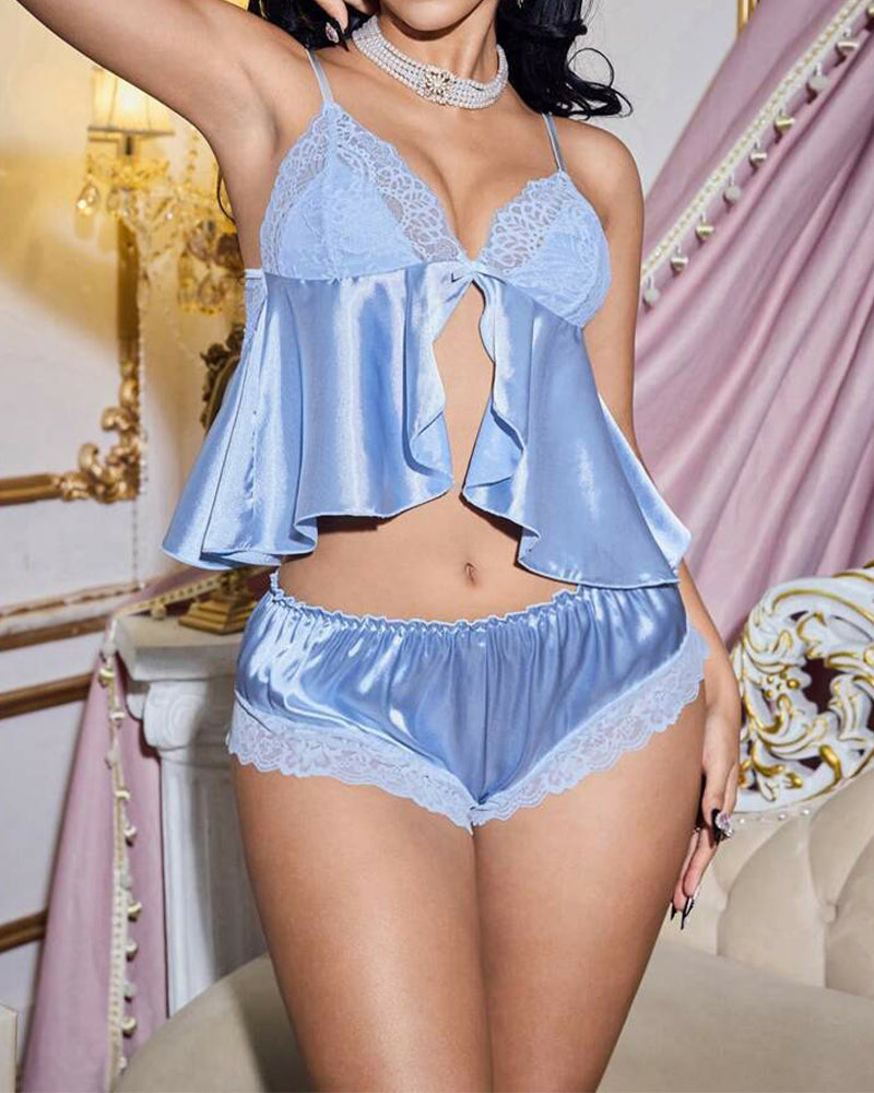 Women's Lace Splice Ruffle Trim Sexy Lingerie Set