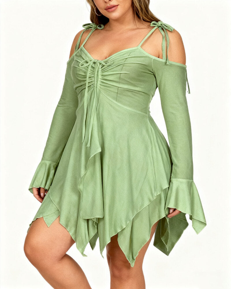 Women's Halloween Plain Ruched Drawstring Cold Shoulder Dress