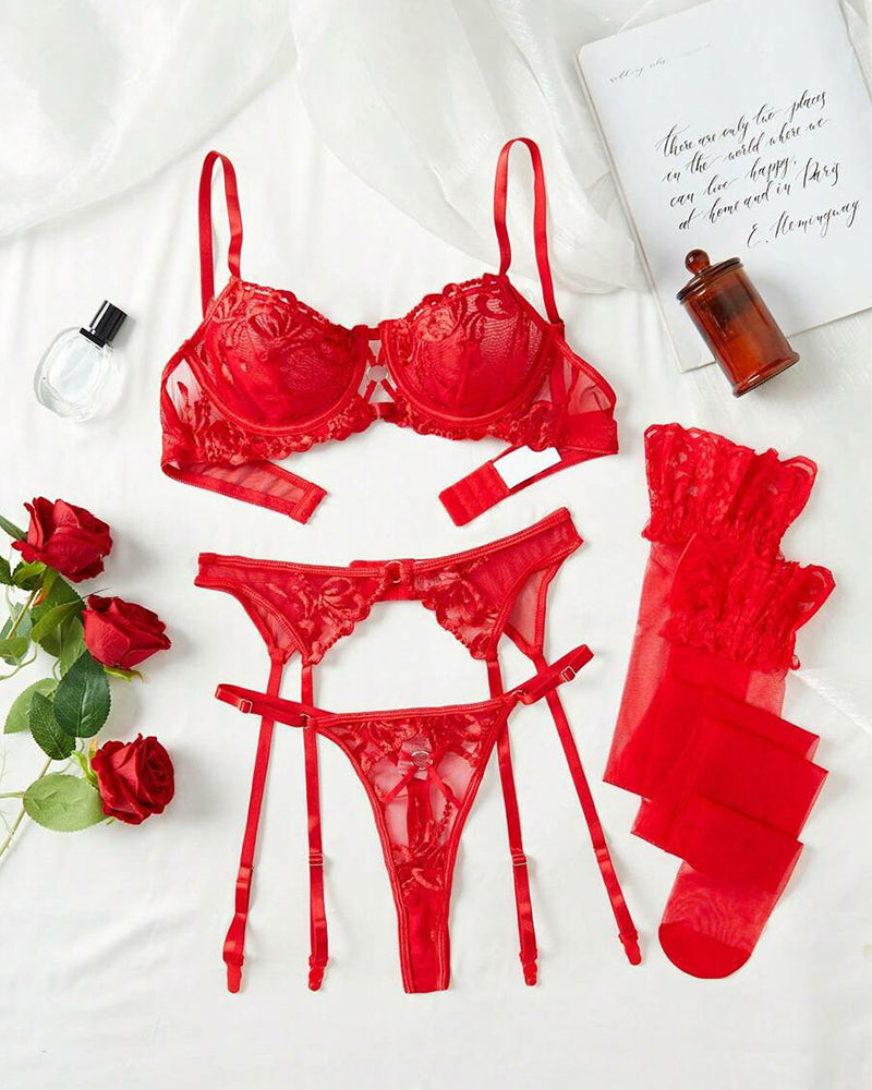 Embroidery Mesh Ring Linked Garter Underwire Lingerie Set