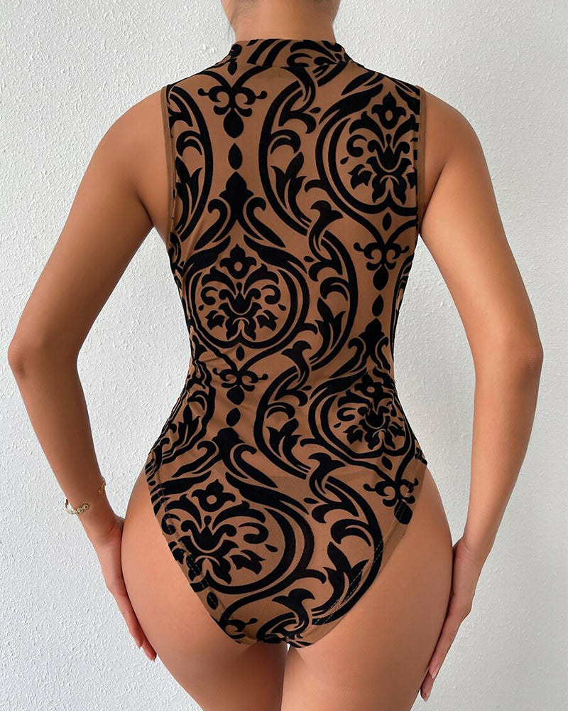 rinted Stand Collar Bodysuit