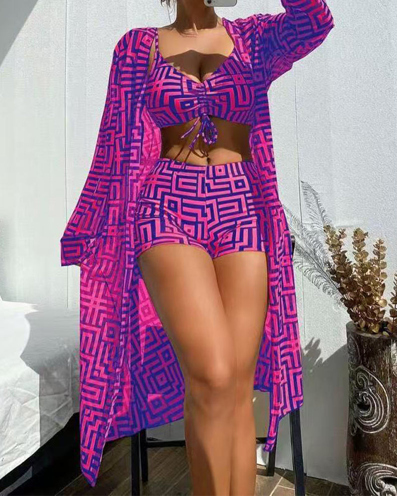 Popular women's two-piece swimsuit cover-up three-piece set gathered beach high waist flat swim trunks