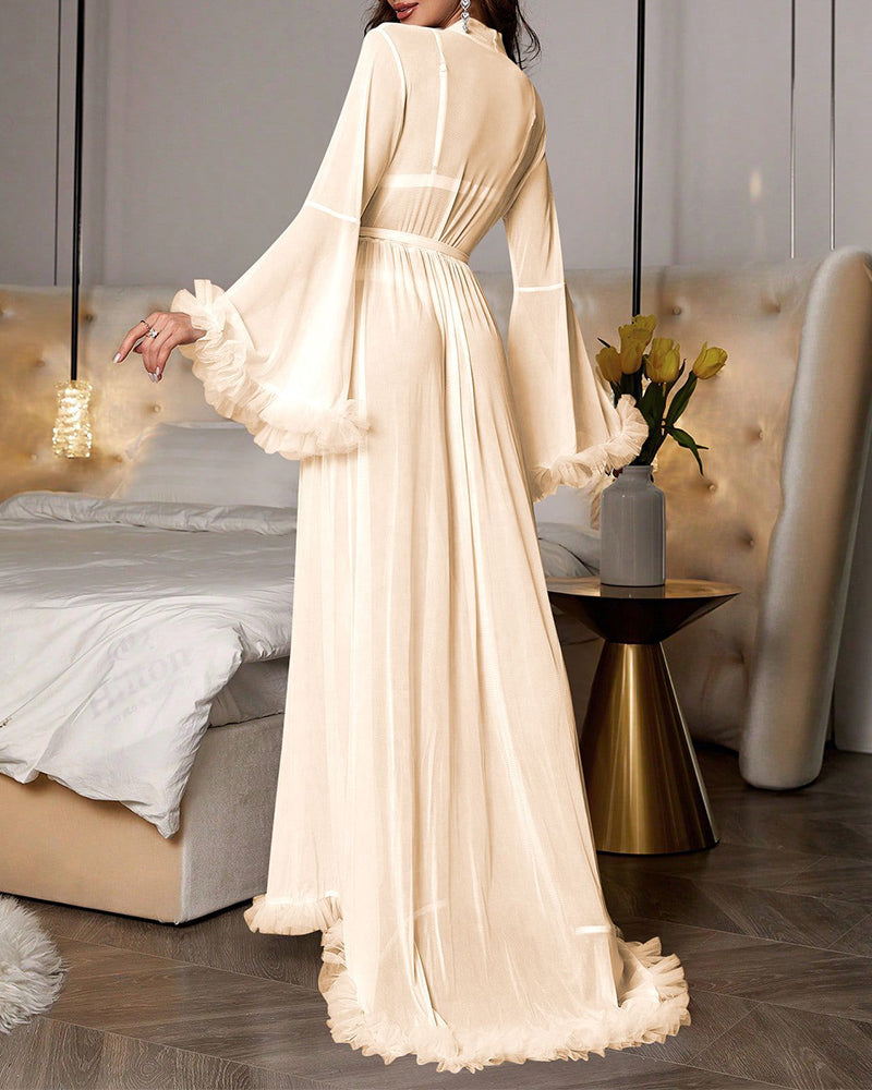 Ruffle Trim Long Sleeve Belted Sheer Mesh Wedding Bride Robe Nightgown,wedding party, Valentine's Day Gift