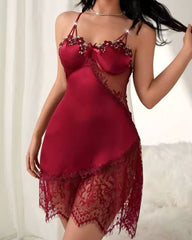 Plus Size Faux Silk Camisole Nightgown with Contrast Floral Lace