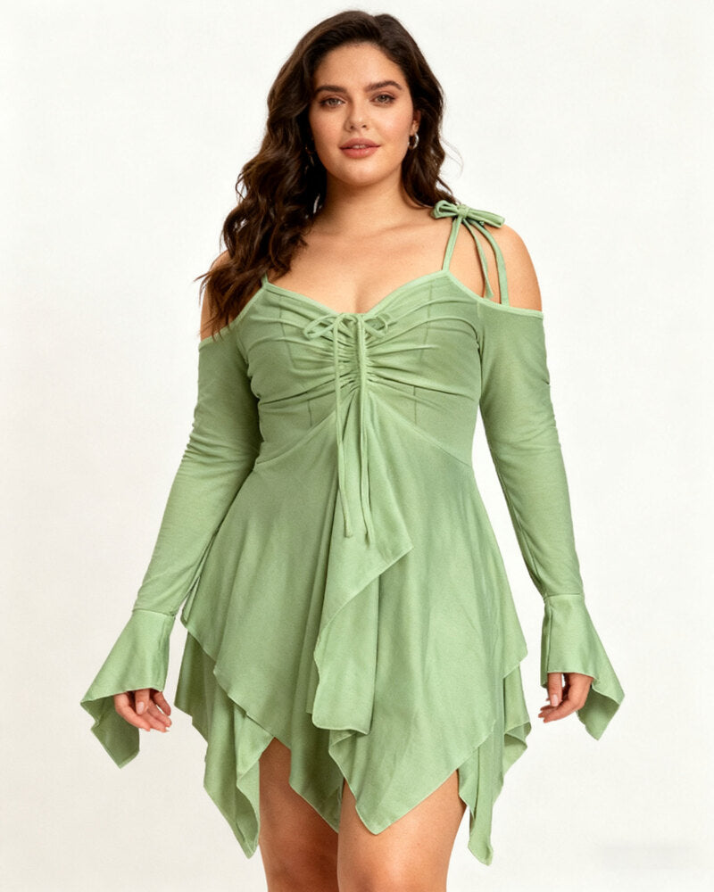 Women's Halloween Plain Ruched Drawstring Cold Shoulder Dress