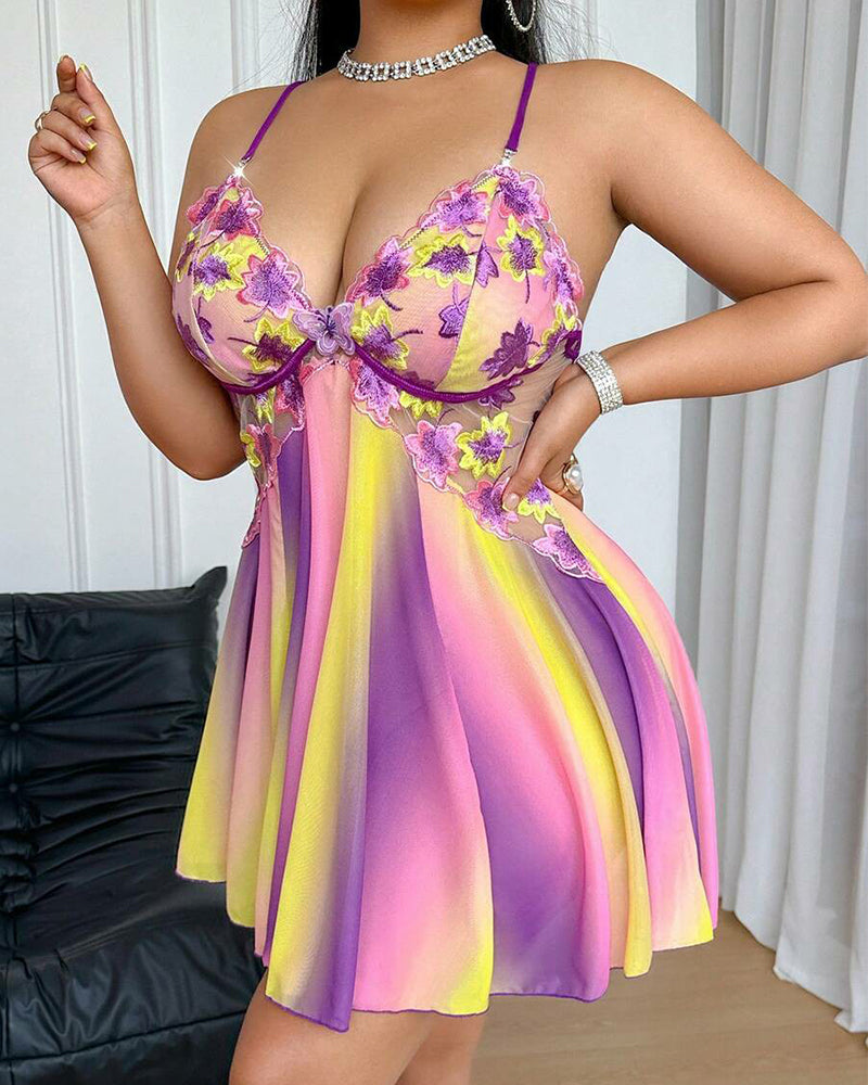 Plus Size Rainbow Ombre Camisole Nightgown – Backless & Floral Mesh Design
