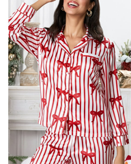 Cozy Striped Pajama Set – Long Sleeve Top with Cute Bow Print