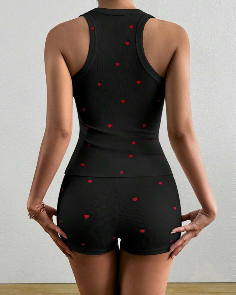 Women's 2 Pieces Pajamas Set Heart Pattern U Neck Sleeveless Tank and Casual Strechy Waist Shorts Set
