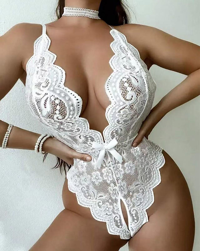 Women Sexy Lingerie Backless Lace Halter Jumpsuit