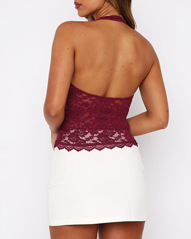 Women's Solid Sheer Backless Halter Neck Top