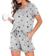 Women’s Casual Short Sleeve Pajama Set with Drawstring Shorts