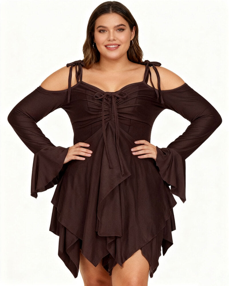 Women's Halloween Plain Ruched Drawstring Cold Shoulder Dress