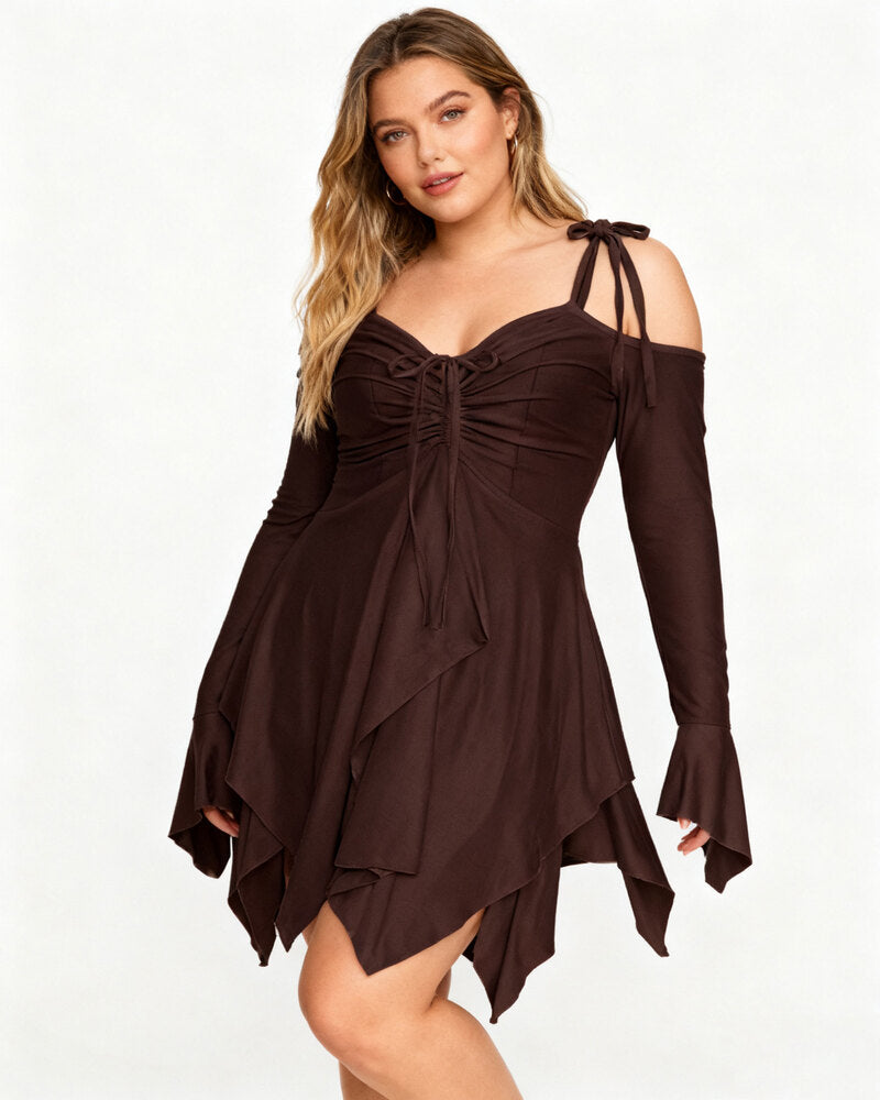 Women's Halloween Plain Ruched Drawstring Cold Shoulder Dress