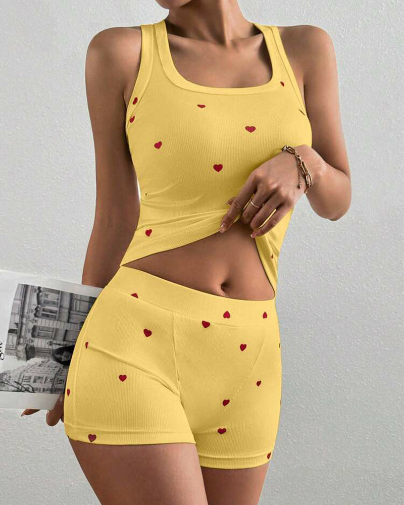 Women's 2 Pieces Pajamas Set Heart Pattern U Neck Sleeveless Tank and Casual Strechy Waist Shorts Set
