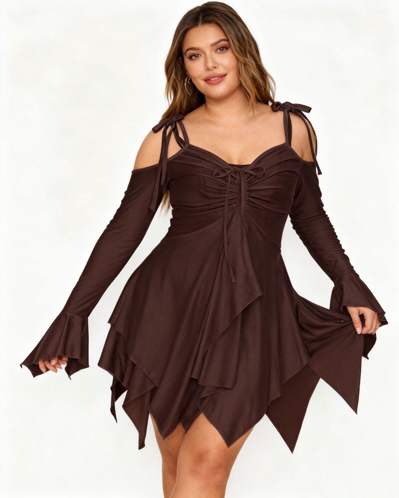 Women's Halloween Plain Ruched Drawstring Cold Shoulder Dress