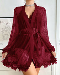 Sexy French-Style Sheer Lace Lingerie Set – Camisole, Shorts & Robe