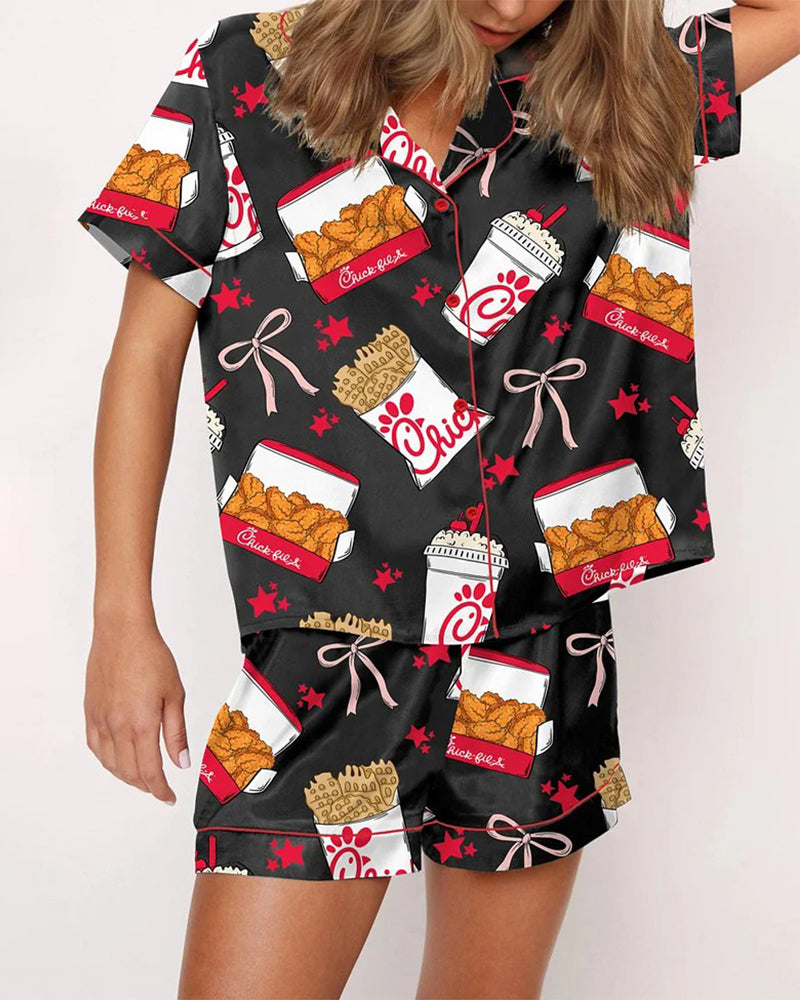 Women's  Print Shirt & Shorts Pyjama Two-piece Set