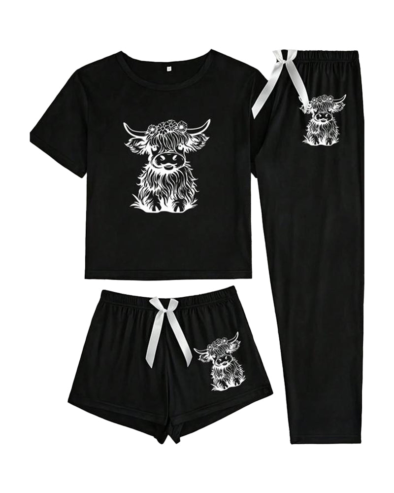 Women's Cow Print Tee & Short & Pants Pyjama Set