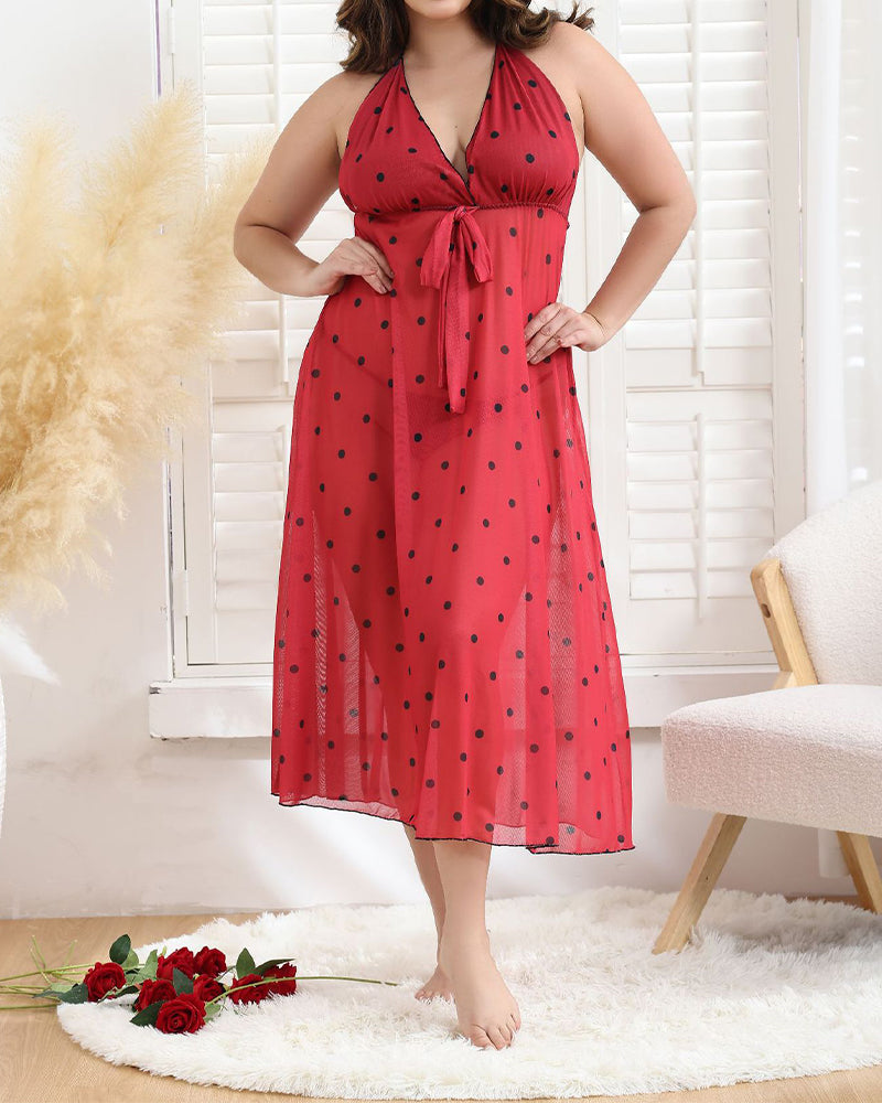 Plus Size Polka Dot Maxi Dress with Bow Tie