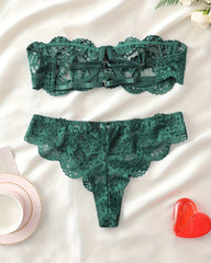 Floral Lace Sexy Lingerie Two-Piece Set, Romantic Underwire Bandeau Bra & Scallop Trim Thong
