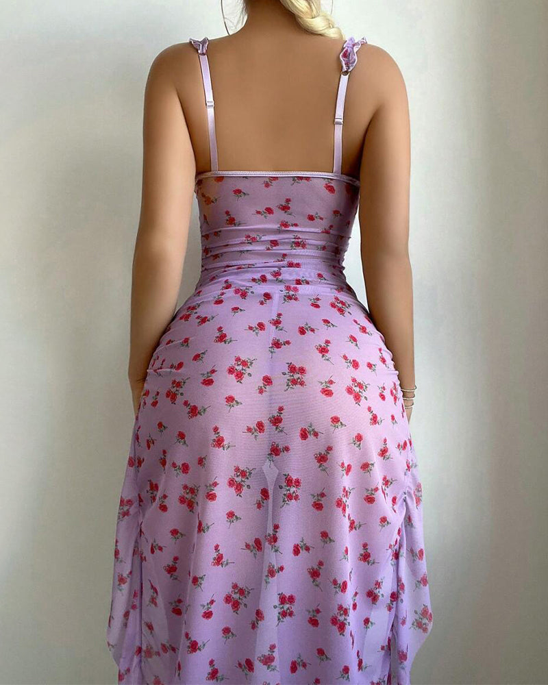 Printed open back high slit nightdress with bust support