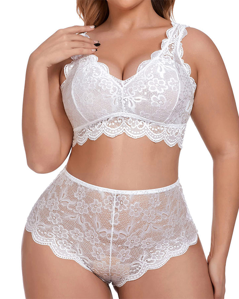 Plus Size Lingerie Set for Women Sexy Lace Halter Bralette High Waist Panty Set