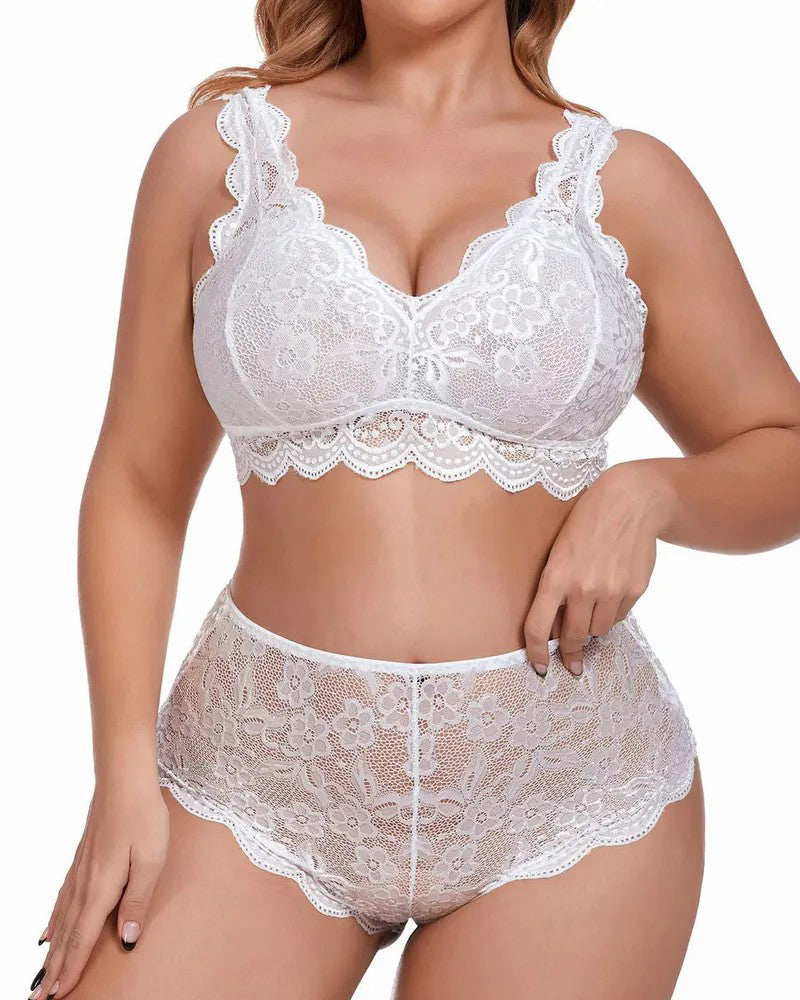 Plus Size Lingerie Set for Women Sexy Lace Halter Bralette High Waist Panty Set