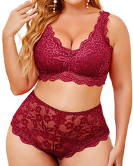 Plus Size Lingerie Set for Women Sexy Lace Halter Bralette High Waist Panty Set