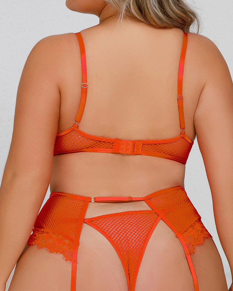 Plus size Women Sexy Fishnet Lace Underwire 4 Piece Sets