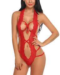 Women Deep V Halter Lingerie Teddy One Piece Bodysuit Lace Babydoll