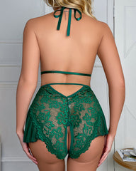 Sexy Hollow Lace Strappy Crotchless See-Through Bodysuit