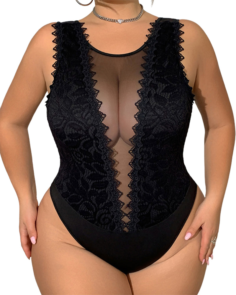 Lace stitching perspective sexy body shaping camisole jumpsuit
