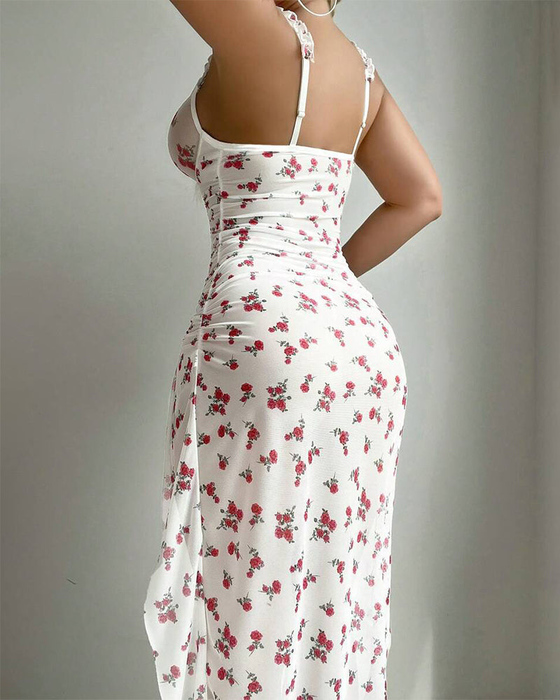 Printed open back high slit nightdress with bust support