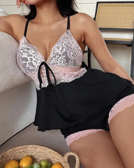 Sexy Contrast Lace Babydoll Cami & Shorts Set