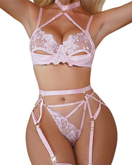 Lace Embroidery Sexy Lingerie Thong Set