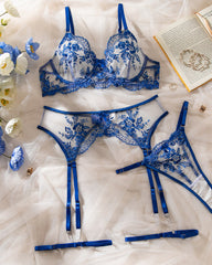 Blue lace embroidery sexy lingerie set