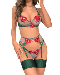 Sexy Embroidered Mesh Lingerie and Garter Set