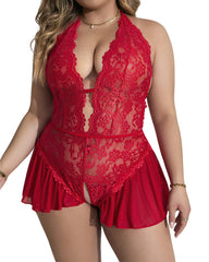 Plus size sexy hollow lace see-through straps crotchless Teddies&Bodysuits