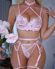 Lace Embroidery Sexy Lingerie Thong Set