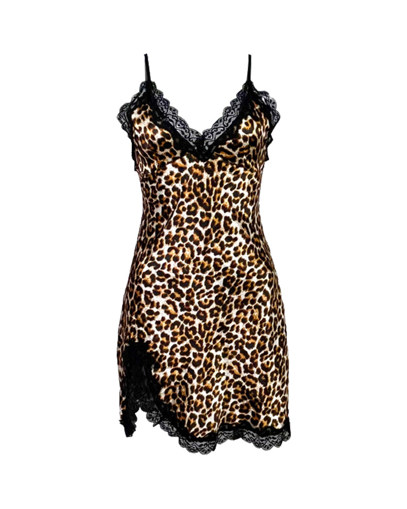 KissLove®Leopard lace lace slit sexy sling V-neck nightgown