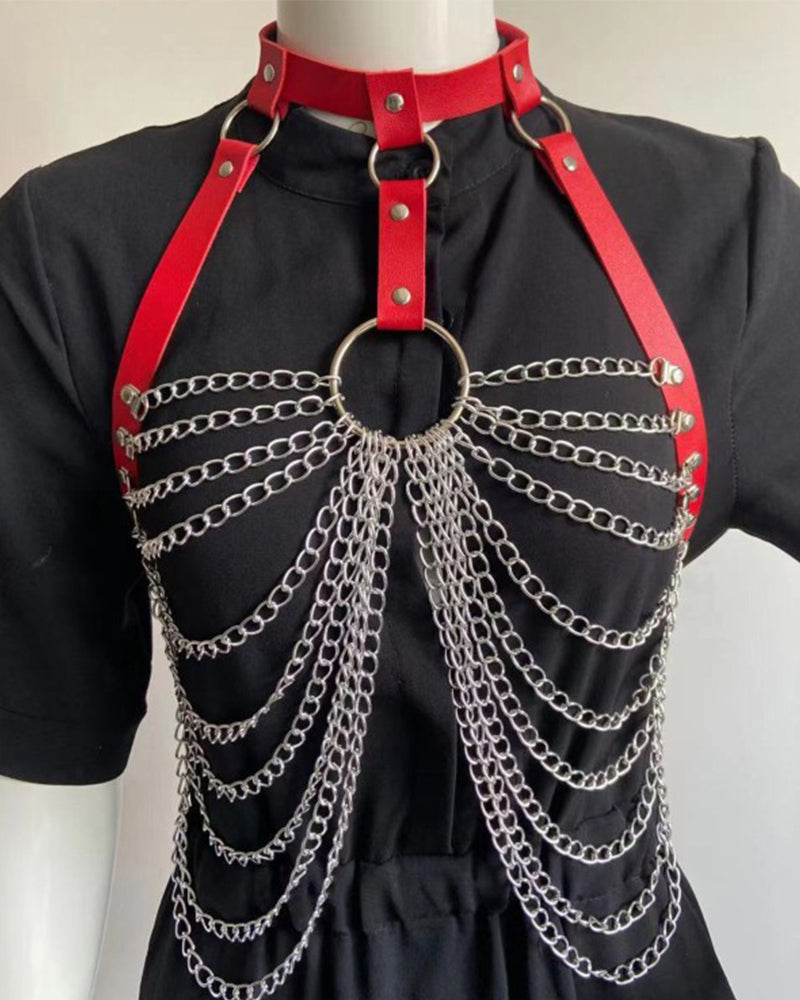 Punk sexy exaggerated multi-layer metal chest chain body chain nightclub rock pu leather collar clavicle chain