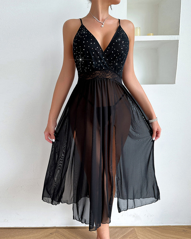 Shiny suspender sexy lingerie mesh nightgown