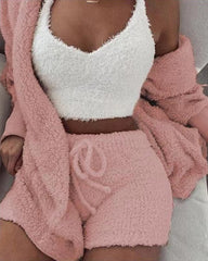 Women’s 3-Piece Plush Loungewear Set – Long Sleeve Top, Shorts & Pants