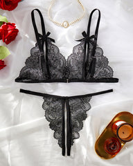 Women's 2pcs Bow Decor Sheer Floral Lace Lingerie Set