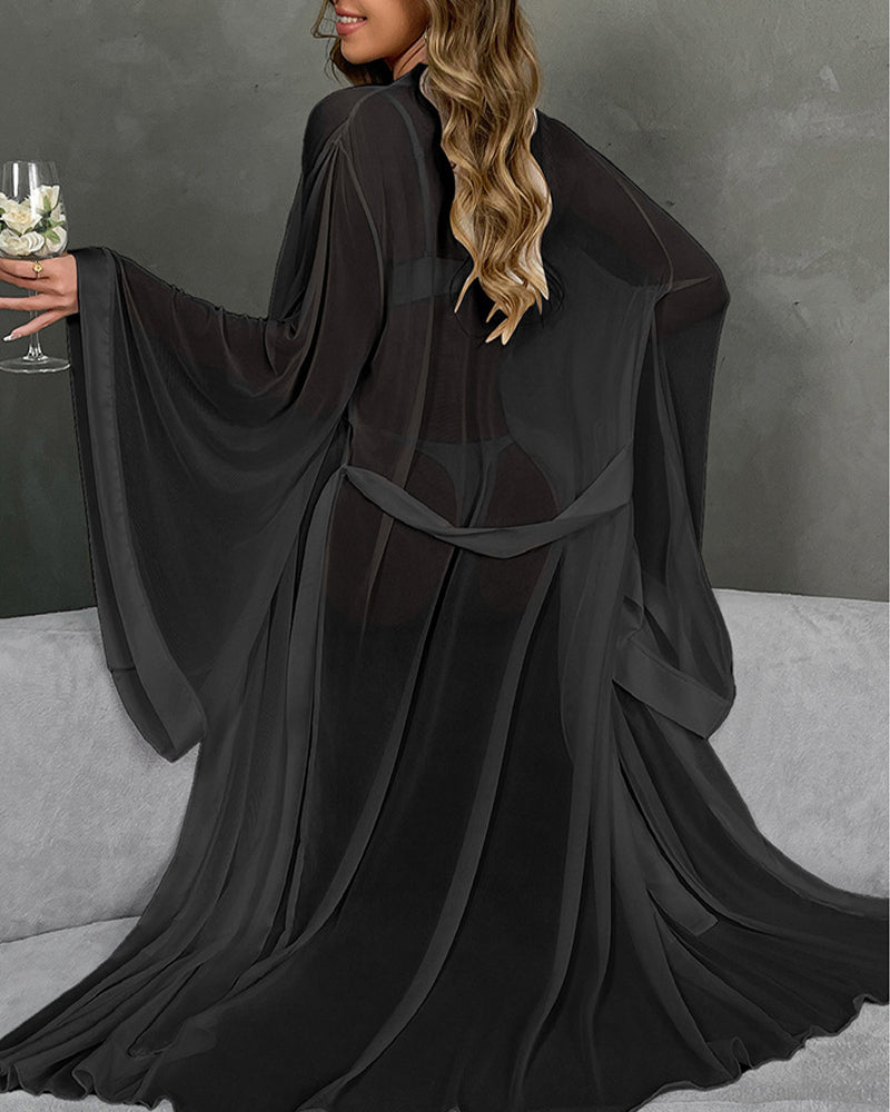 Tie-up cardigan bathrobe sexy mesh temptation morning robe pure desire nightgown
