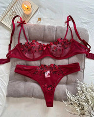 Sexy Bows Floral Embroidered Mesh Sheer Underwire Lingerie Set 2 Piece