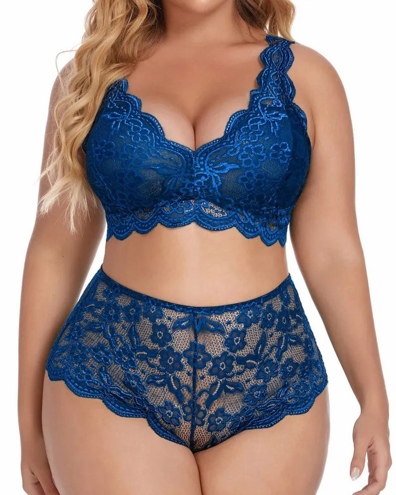 Plus Size Lingerie Set for Women Sexy Lace Halter Bralette High Waist Panty Set