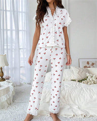 Women’s Cherry Print Loungewear Set with Lace Trim