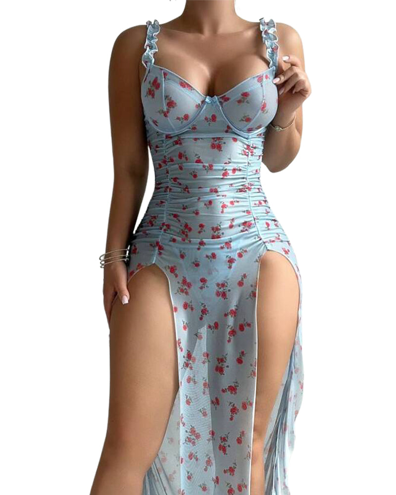 Printed open back high slit nightdress with bust support