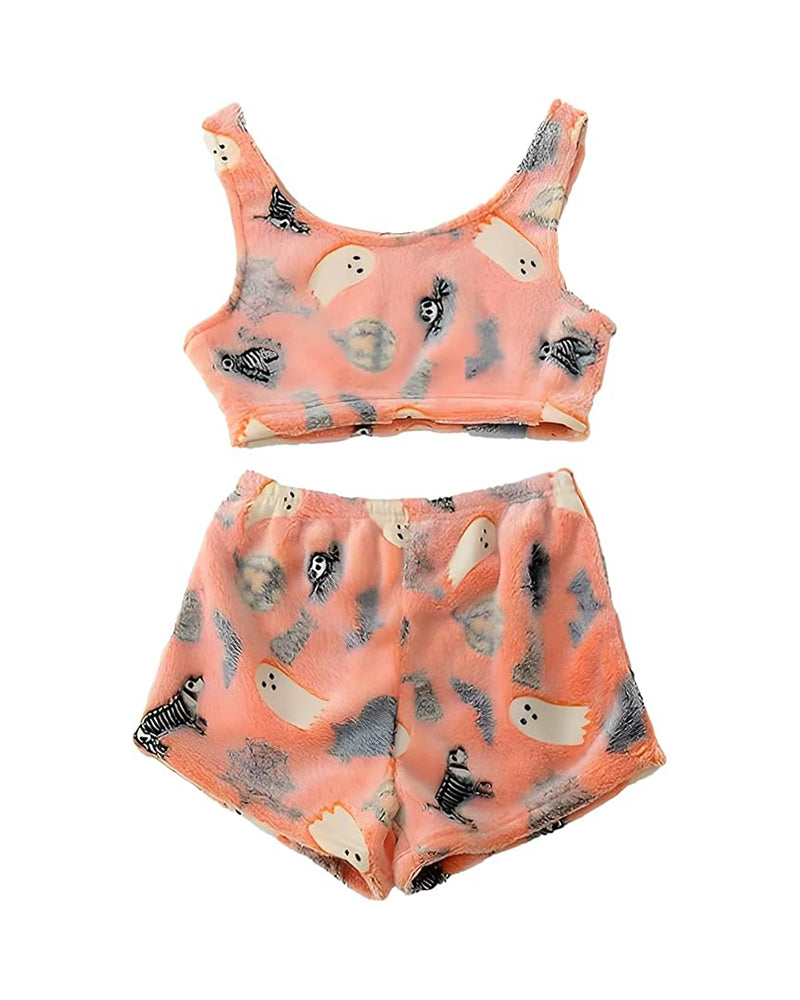 Women's Graphic Tank Top & Elastic Waist Shorts Flannel Pajama